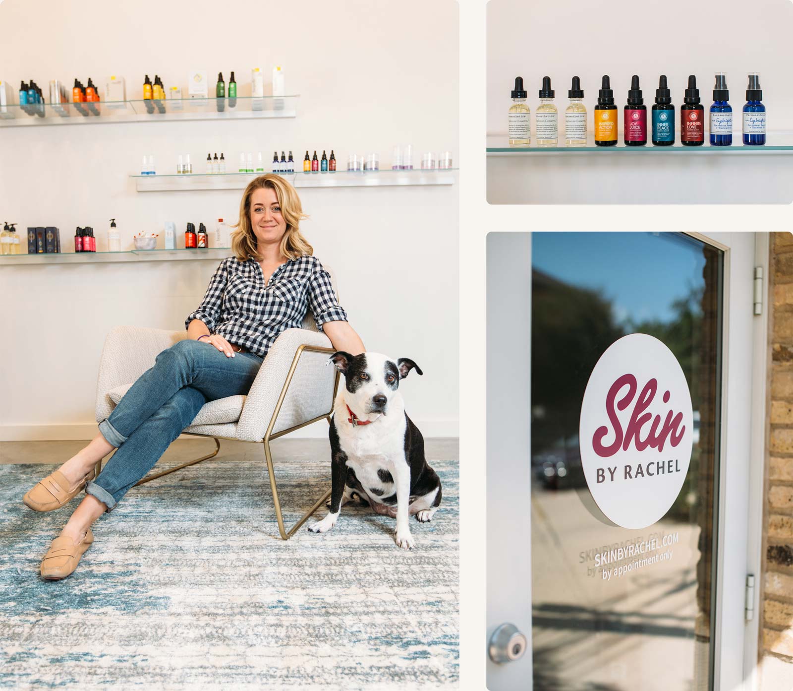 Rachel Spillman of skin by Rachel posing with her dog in the interior of skin by Rachel